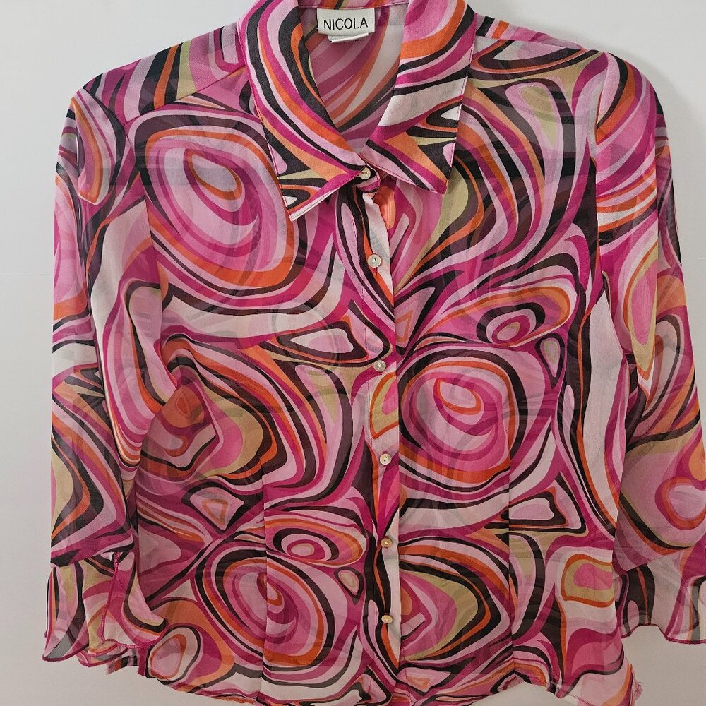 Nicola Vintage Bell Sleeve Sheer/Semi Sheer Abstract Swirl Blouse Size Small